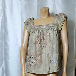 Harkham 100% Silk Tan Ruffled‎ Cap Sleeve Blouse Size S